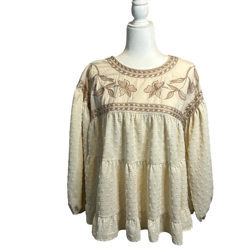 Cream Boho Top,Embroidered, Like New, Entero, Large